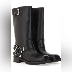 Michael Kors Black Leather Moto Boots with Silver Accents